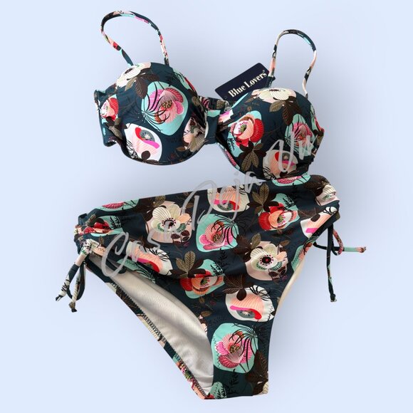 Blue Lovers Other - Blue Lovers Tropical Navy & Floral Underwire Cinch Hip 2 pc Bikini Size 12